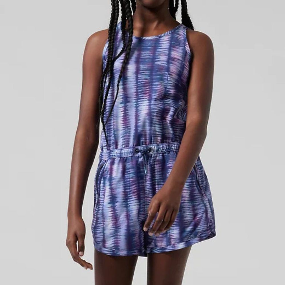Athleta Girl On the Go Romper Shoreline Shibori Enchanted Blue Purple Size Large